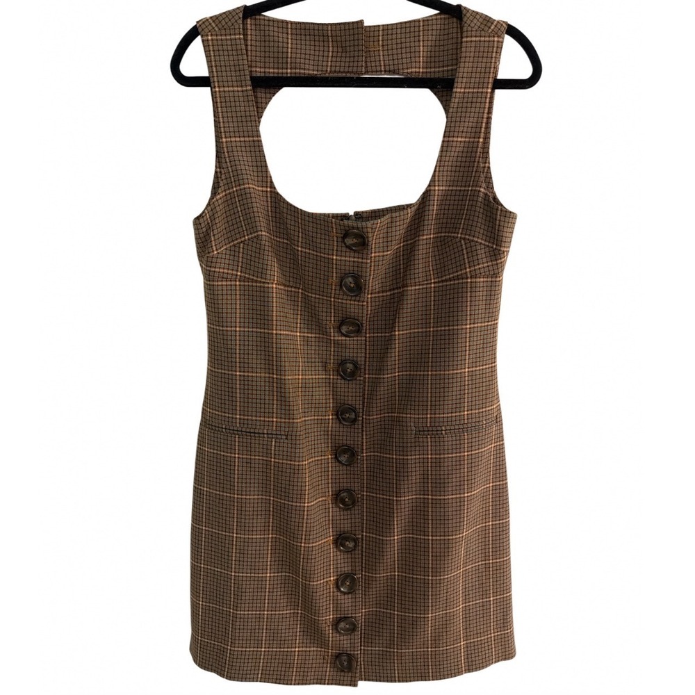 La Ligne Brown Plaid Virgin Wool Blend Open Back Button Front Mini Dress Size 10